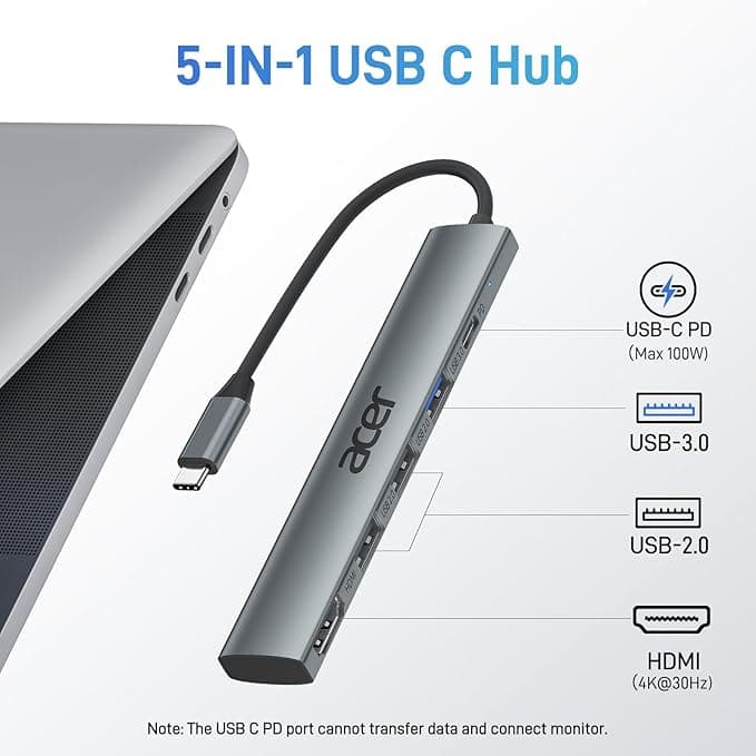 Acer Hub USB C 5 en 1 con HDMI 4K, entrega de alimentación de 100W, 3 puertos de datos USB A, adaptador multipuerto USB C a HDMI para portátil, PC, tableta, MacBook Air, iPad Air, iMac, iPhone 15/16 miniatura 2