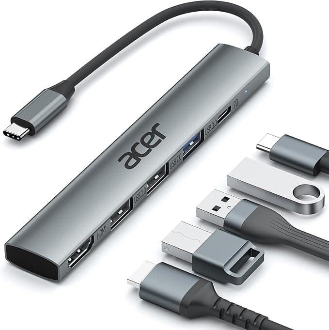 Acer Hub USB C 5 en 1 con HDMI 4K, entrega de alimentación de 100W, 3 puertos de datos USB A, adaptador multipuerto USB C a HDMI para portátil, PC, tableta, MacBook Air, iPad Air, iMac, iPhone 15/16