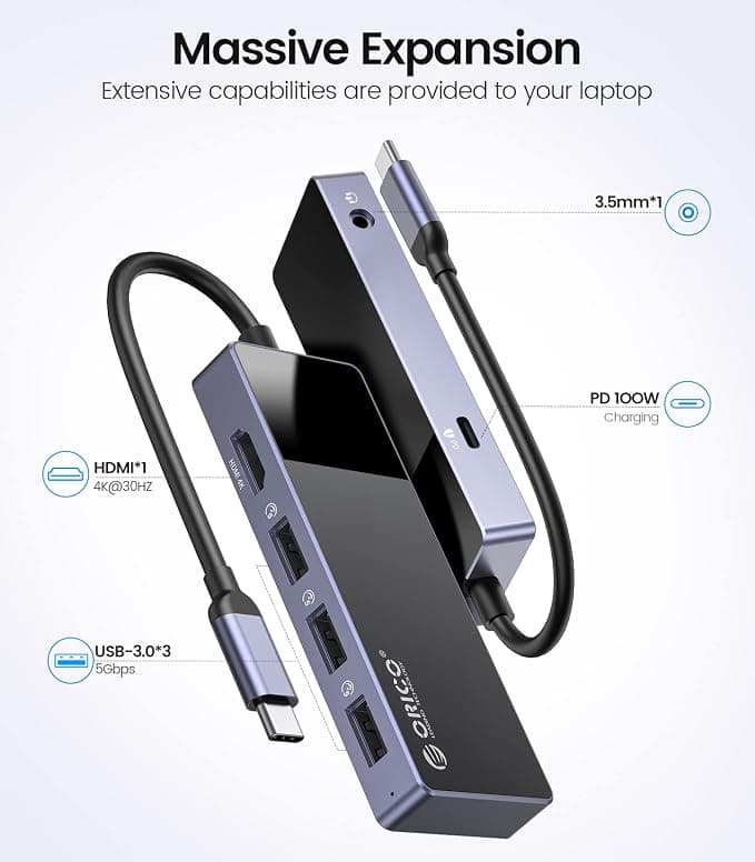 Hub USB C, ORICO 6 en 1, estación de acoplamiento para MacBook, adaptador multipuerto con PD 100W, HDMI 4K a 30 Hz, USB-A3.0 × 3, audio de 0.138 in × 1 compatible con portátiles Dell/Surface/HP/Lenovo